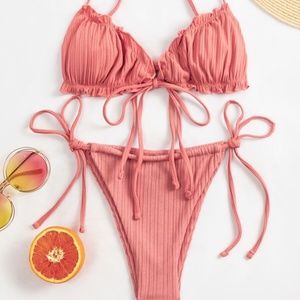 SHEIN Rib Frill Trim Tie Side Bikini NWT